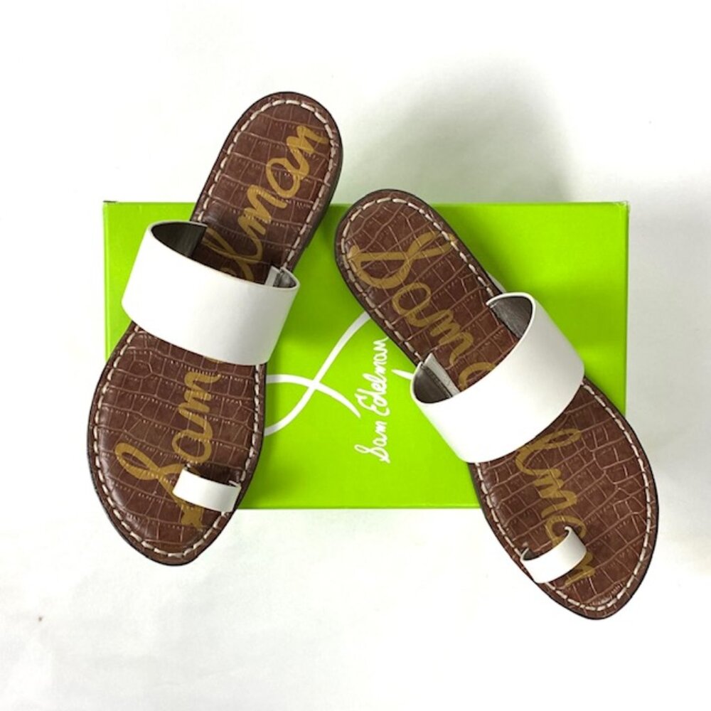 New Sam Edelman Gorgene White Leather Toe-Loop Slide Sandal, 8.5